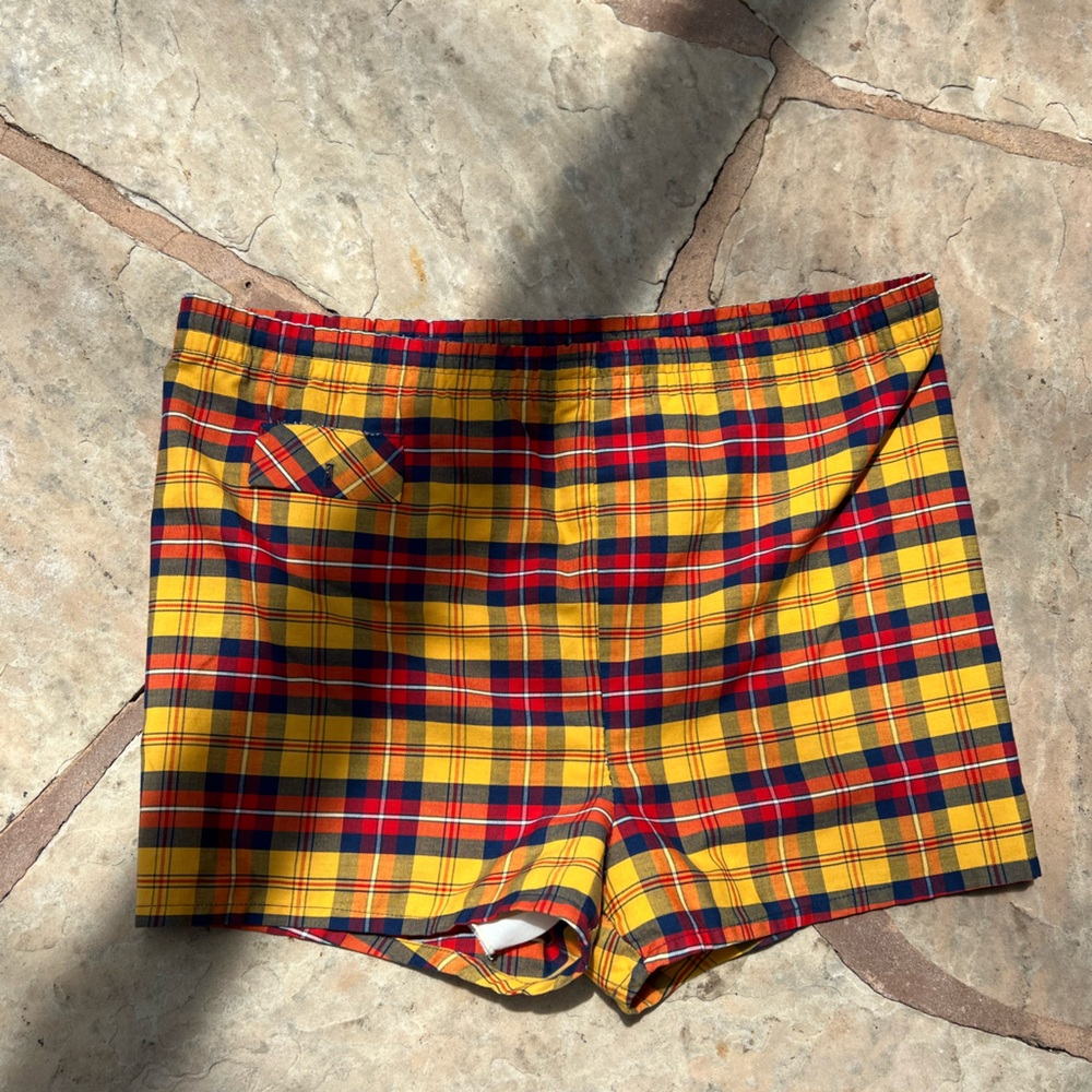 1950s 60s Towncraft Plus Pennys Yellow Red Blue White Plaid Lined Trunks Shorts